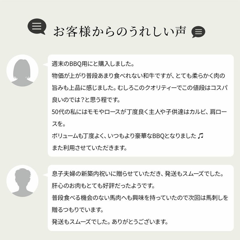 黒毛和牛・馬刺し専門店　ミートプロ鈴木のお試し４種焼肉盛合せセットお客様の声